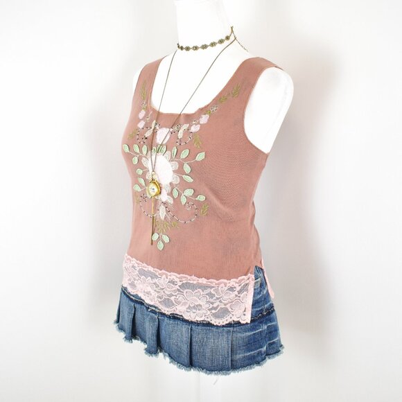 VTG 00s Y2K Alain Manoukian Tan Brown Floral Embellished Pink Lace Trim Tank Top - Picture 2 of 8